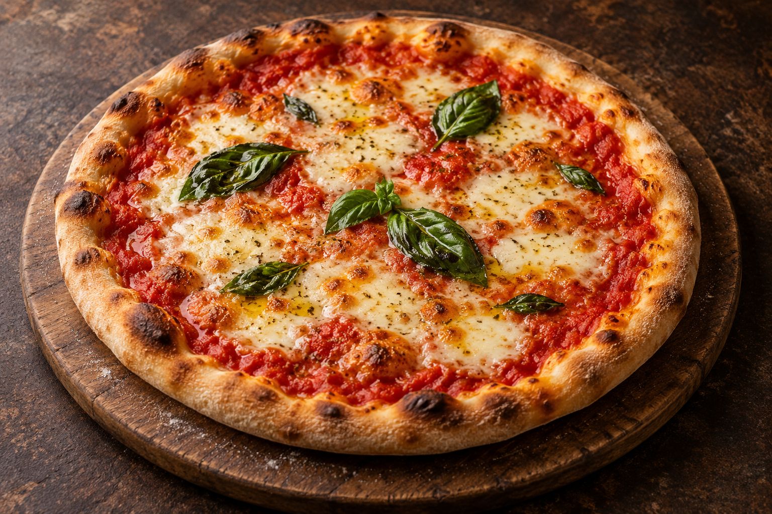 KI-generiertes Motiv: Pizza mit Tomatensauce, Mozzarella und Basilikum auf einem Holzbrett